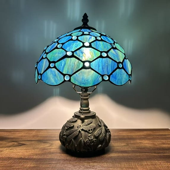 Tiffany Table Lamp Blue Green Stained Glass Crystal Beans Included LED Bulb for Living Room Dining Room Bedroom Bedside 10"D*10"W*14"H