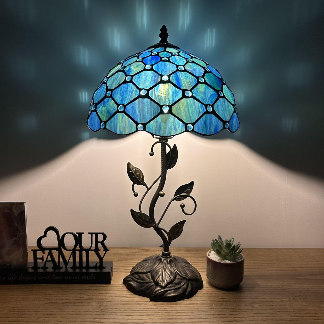 Blue Stained Glass Table Lamp with Bronze Metal Base