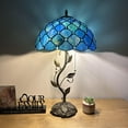 thumbnail image 1 of Tiffany Table Lamp Blue Green Stained Glass Crystal Beans Iron Metal Leaves Bronze Base LED Bulbs Included for Living Room Dining Room Bedroom Bedside 14"W*14"D*24"H, 1 of 5