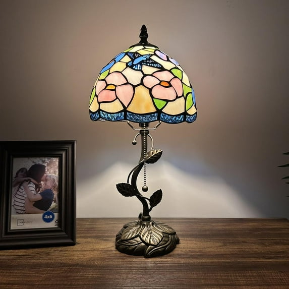 Tiffany Table Lamp Blue Pink Stained Glass Hummingbird Flowers LED Bulb Included for Living Room Bedroom Bedside 8"W*8"D*16"H