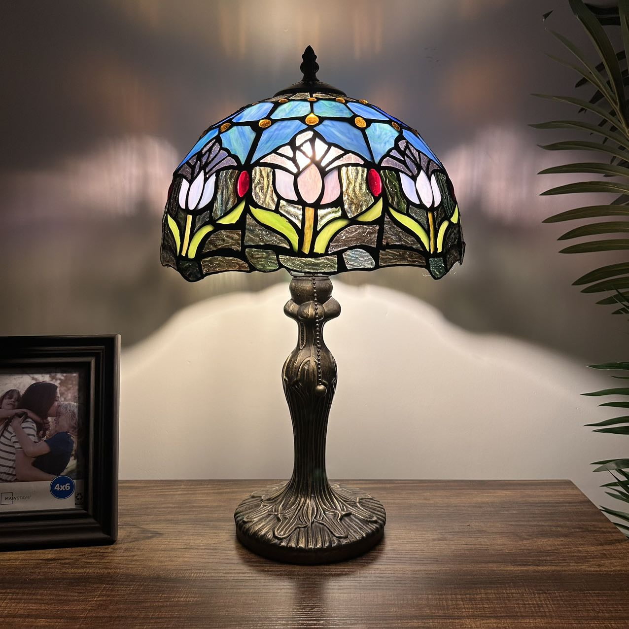Blue and Purple Stained Glass Tulip Table Lamp with Bronze Base