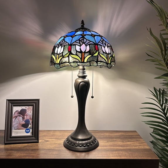 Tiffany Table Lamp Blue Purple Stained Glass Tulips LED Bulbs Included Vintage For Living Room Bedroom Bedside 12"W*12"D*22"H