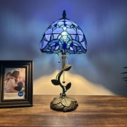 Tiffany Table Lamp Blue Stained Glass Baroque Style LED Bulb Included for Living Room Bedroom Bedside 8W*8D*16H