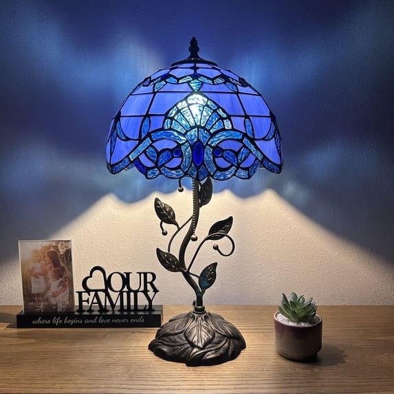 Tiffany Table Lamp Blue Stained Glass Baroque Style Lavender Iron Metal Leaves Base Pull Chain Switch LED Bulb Included for Living Room Bedroom Bedside 12"W*12"D*22"H