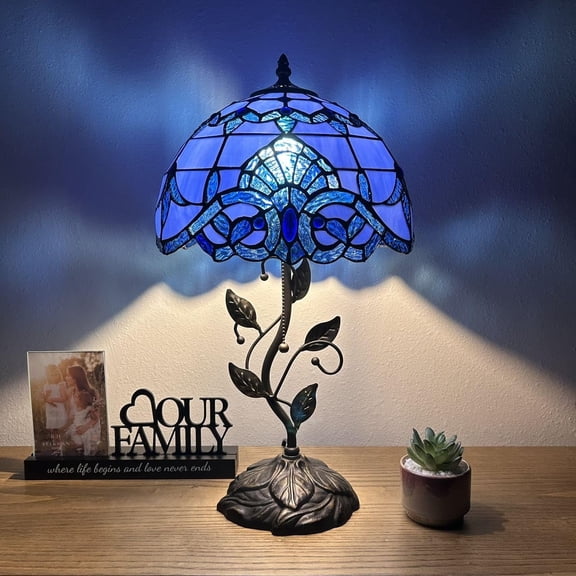 Tiffany Table Lamp Blue Stained Glass Baroque Style Lavender Iron Metal Leaves Base Pull Chain Switch LED Bulb Included for Living Room Bedroom Bedside 12"W*12"D*22"H