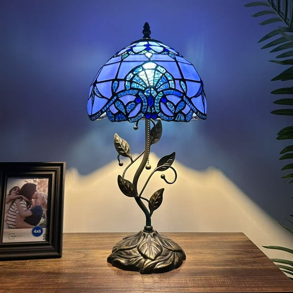 Tiffany Table Lamp Blue Stained Glass Baroque Style Lavender Iron Metal Leaves Bronze Base Included LED Bulb for Living Room Bedroom Bedside 10"W*10"D*20"H