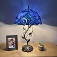 thumbnail image 1 of Tiffany Table Lamp Blue Stained Glass Baroque Style Lavender Iron Metal Leaves Bronze Base LED Bulbs ncluded for Living Room Bedroom Bedside 14"W*14"D*24"H, 1 of 4
