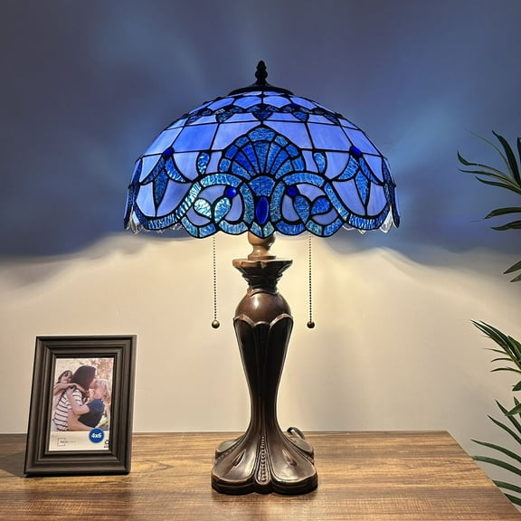 Tiffany Table Lamp Blue Stained Glass Baroque Style Lavender LED Bulbs Included for Living Room Bedroom Bedside 16'W*16"D*24"H