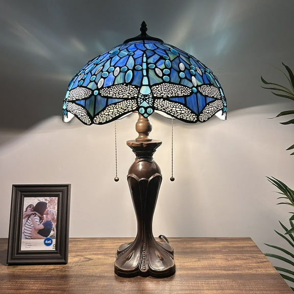 Tiffany Table Lamp Blue Stained Glass Dragonfly Included LED bulbs Pull Chain Switches For Living Room Bedroom Bedside 16"W*16"D*24"H