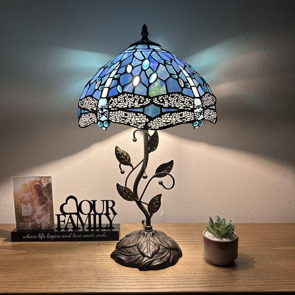 Tiffany Table Lamp Blue Stained Glass Dragonfly Iron Metal Leaves Bronze Base Included LED Bulb for Living Room Dining Room Bedroom Bedside 12"W*12"D*22"H