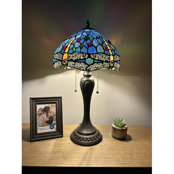 Tiffany Table Lamp Blue Stained Glass Dragonfly LED Bulbs Included Pull Chain Switches For Living Room Bedroom Bedside 12"W*12"D*22"H
