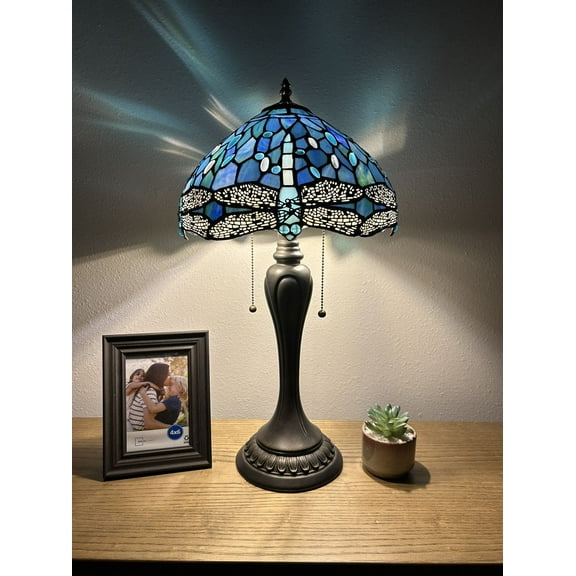 Tiffany Table Lamp Blue Stained Glass Dragonfly LED Bulbs Included Pull Chain Switches for Living Room Dining Room Bedroom Bedside 12"W*12"D*22"H