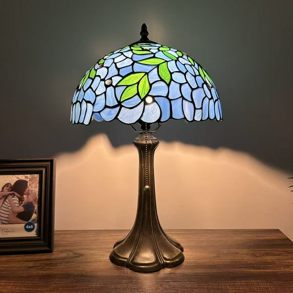 Tiffany Table Lamp Blue Stained Glass Green Leaves Included LED Bulb Vintage For Living Room Bedroom Bedside Office Hotel 12"W*19"H