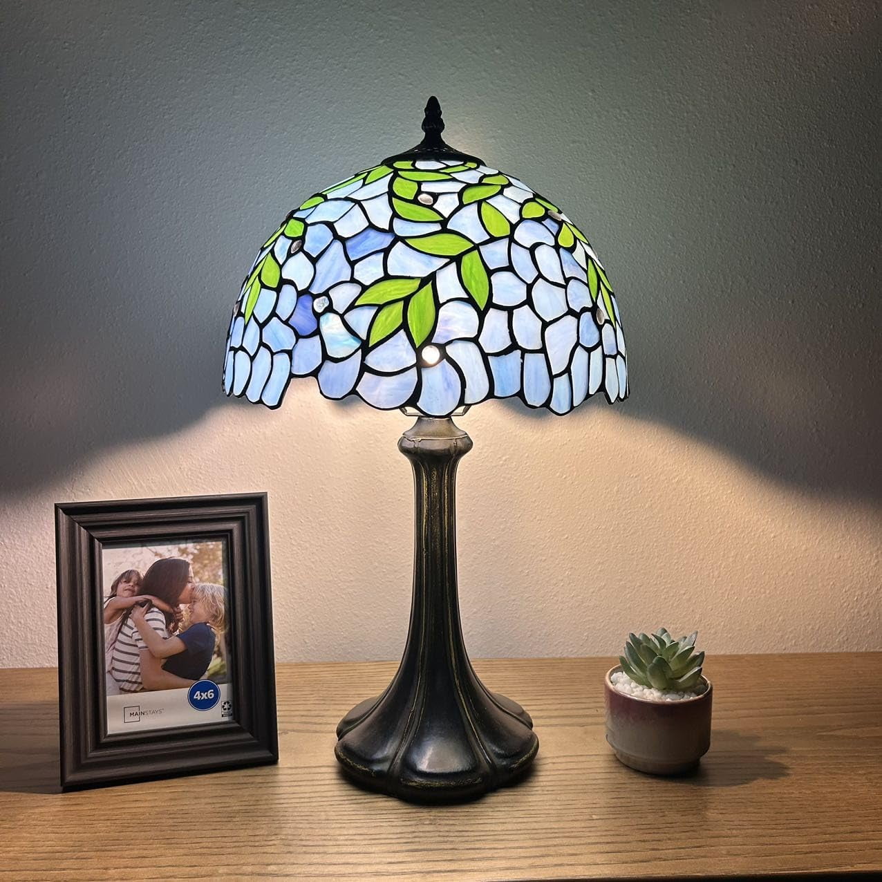 Vintage Blue and Green Stained Glass Table Lamp with Bronze Base
