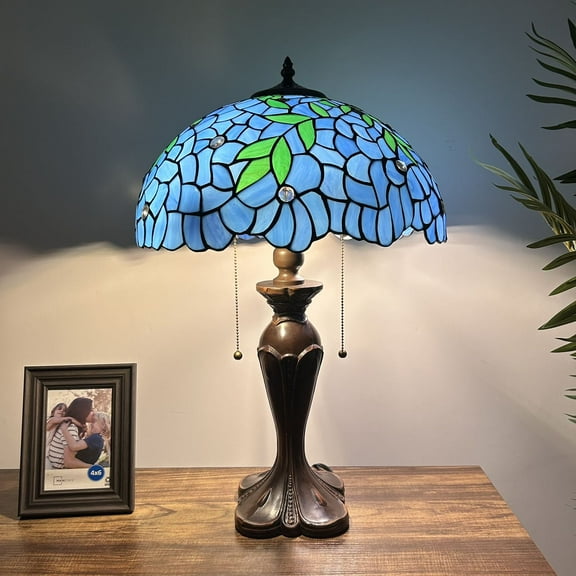 Tiffany Table Lamp Blue Stained Glass Green Leaves LED Bulbs Included For Living Room Dining room Bedroom Bedside 16"W*16"D*24"H