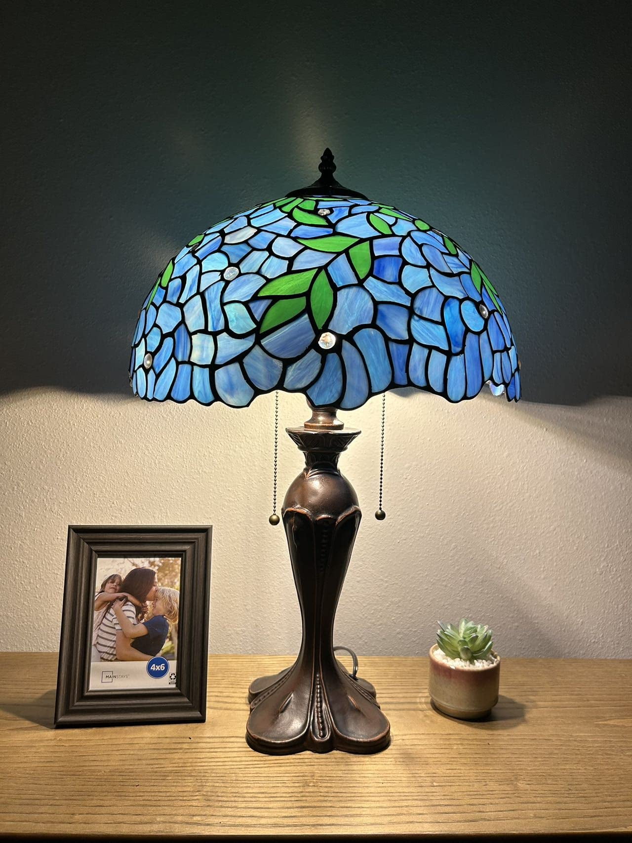 Blue Stained Glass Tiffany Table Lamp with Resin Base