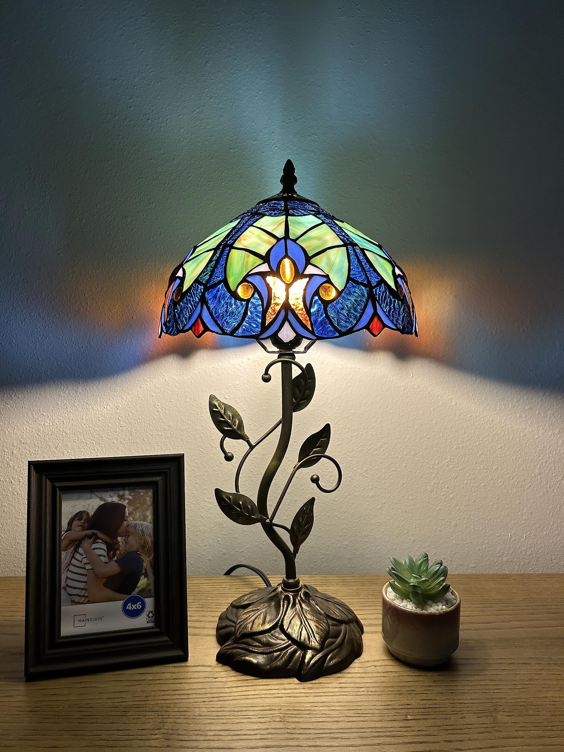 Tiffany Table Lamp Blue Stained Glass Iron Metal Leaves Bronze Base Included LED Bulb Vintage Liaison Lamp for Living Room Bedroom Bedside 20'H*10'W
