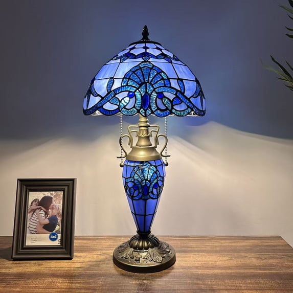 Tiffany Table Lamp Blue Stained Glass Shade And Base Baroque Style Lavender LED Bulbs Included for Living Room Bedroom Bedside 12"W*12"D*22"H