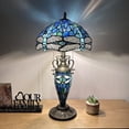 thumbnail image 1 of Tiffany Table Lamp Blue Stained Glass Shade And Base Dragonfly LED Bulbs Included for Living Room Bedroom Bedside 12"W*12"D*22"H, 1 of 5