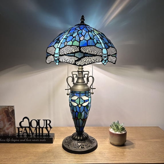 Tiffany Table Lamp Blue Stained Glass Shade And Base Dragonfly LED Bulbs Included for Living Room Bedroom Bedside 12"W*12"D*22"H