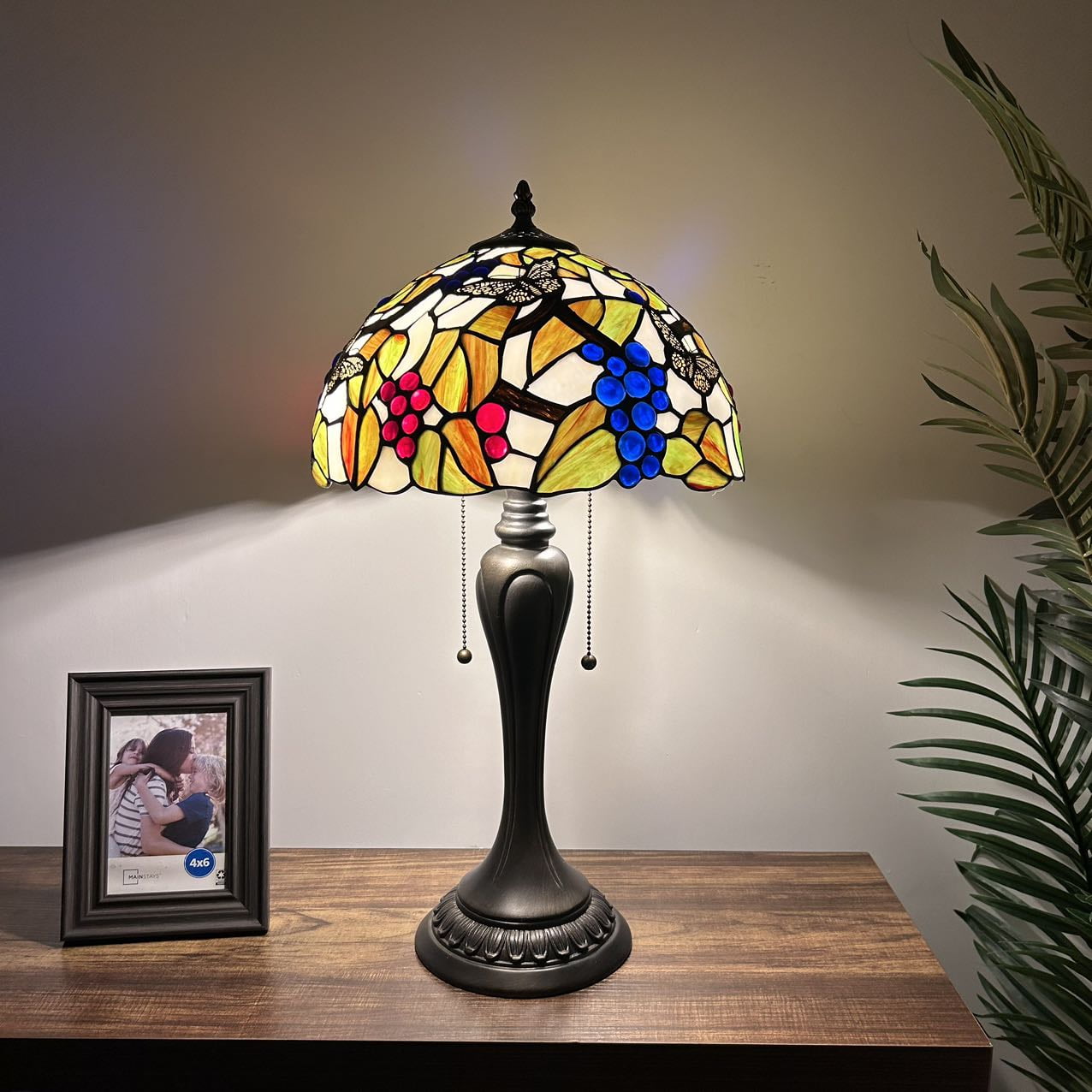 Butterfly Blue Stained Glass Table Lamp with Resin Base