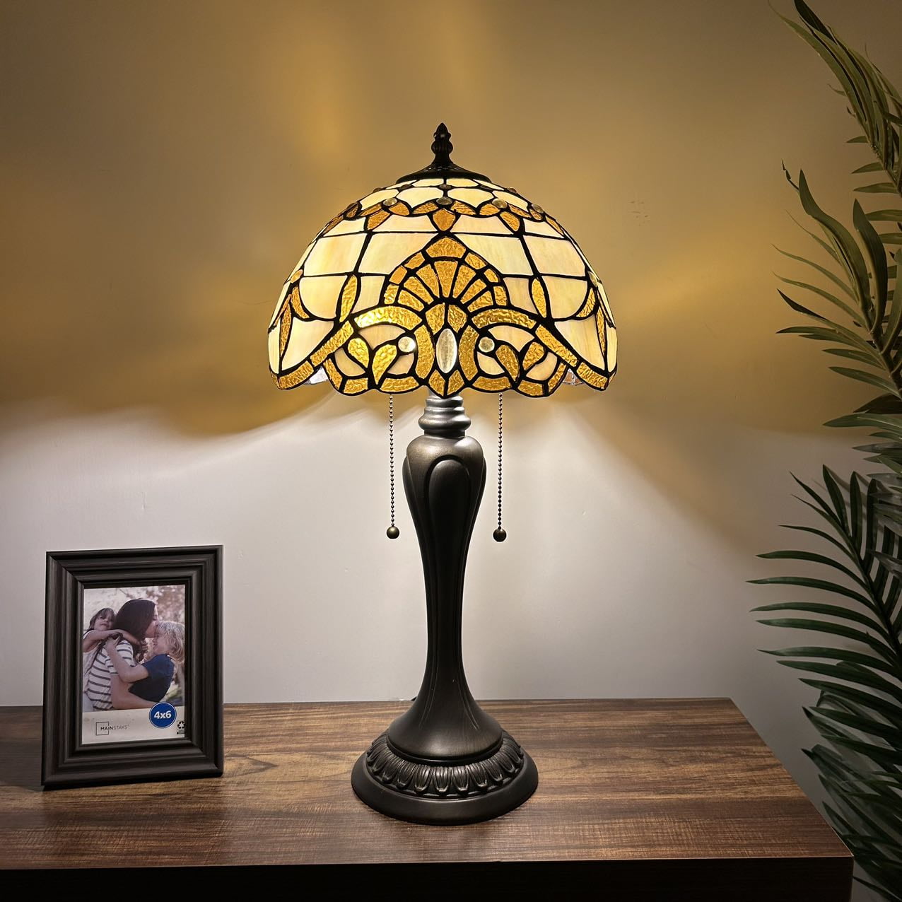 Baroque Style Bronze Table Lamp with Gold Stained Glass Shade