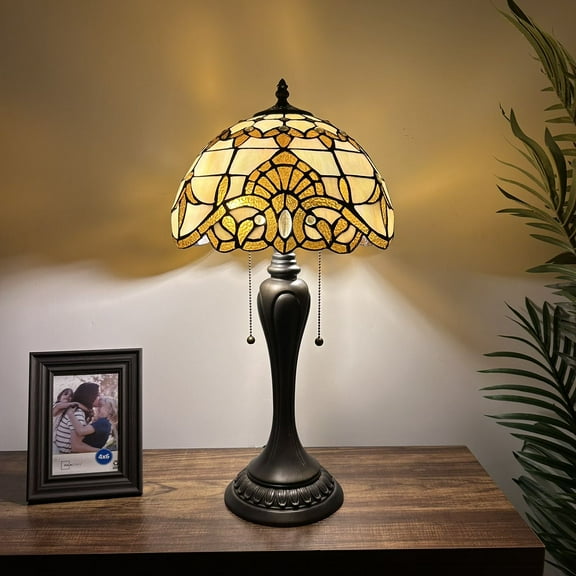 Tiffany Table Lamp Gold Stained Glass Baroque Style Lavender Pull Chain Switches For Bedroom Living Room 12"W*12"D*22"H