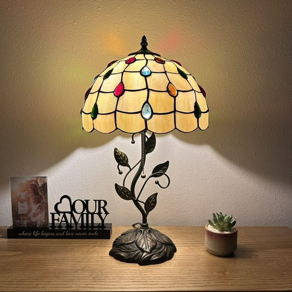 Tiffany Table Lamp Gold Stained Glass Crystal Beans Iron Metal Leaves Bronze Base Included LED Bulb for Living Room Dining Room Bedroom Bedside 12"W*12"D*22"H