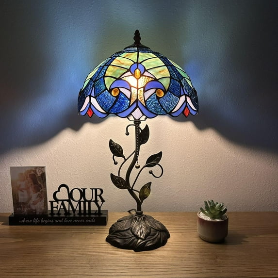 Tiffany Table Lamp Green Blue Stained Glass Iron Metal Leaves Bronze Base Included LED Bulb for Living Room Dining Room Bedroom Bedside 12"W*12"D*22"H