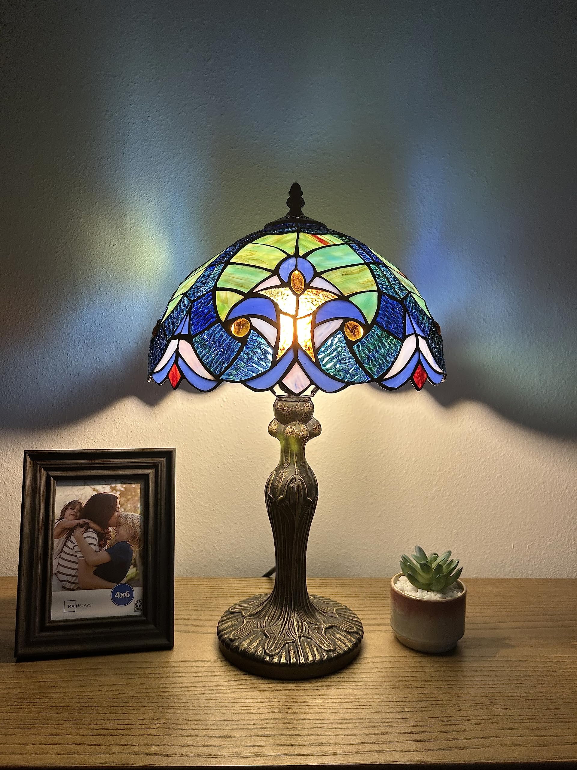 Nioclas Blue and Green Stained Glass Table Lamp with Bronze Base