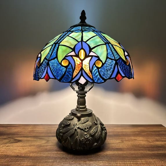 Tiffany Table Lamp Green Blue Stained Glass Liaison Lamp LED Bulb Included Dragonfly Base for Living Room Bedroom Bedside 10"W*10"D*14"H