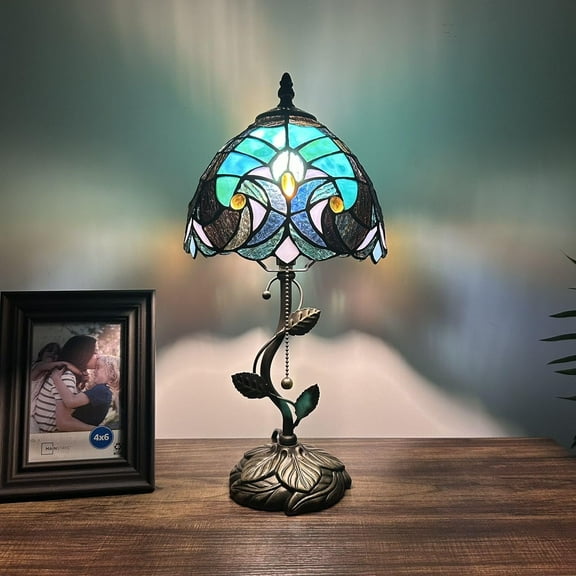 Tiffany Table Lamp Green Brown Stained Glass LED Bulb Included for Living Room Bedroom Bedside 8"W*8"D*16"H
