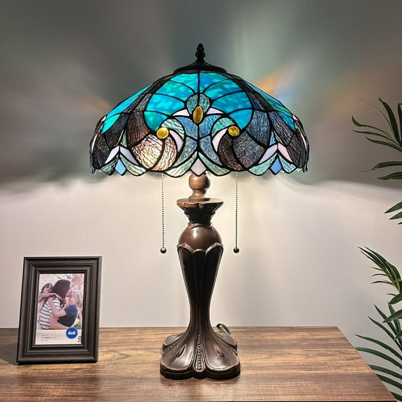 Tiffany Table Lamp Green Brown Stained Glass Liaison LED Bulbs Included For Living Room Dining room Bedroom Bedside16"W*16"D*24"H