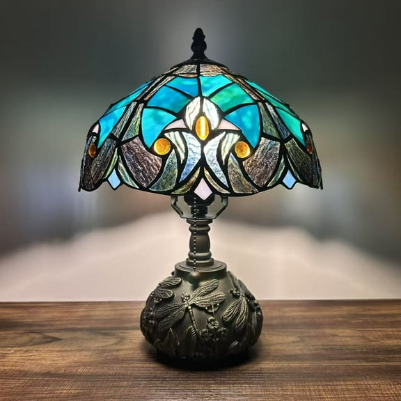 Tiffany Table Lamp Green Brown Stained Glass Liaison Lamp LED Bulb Included Dragonfly Base for Living Room Bedroom Bedside Office Hotel 10'W*14"H