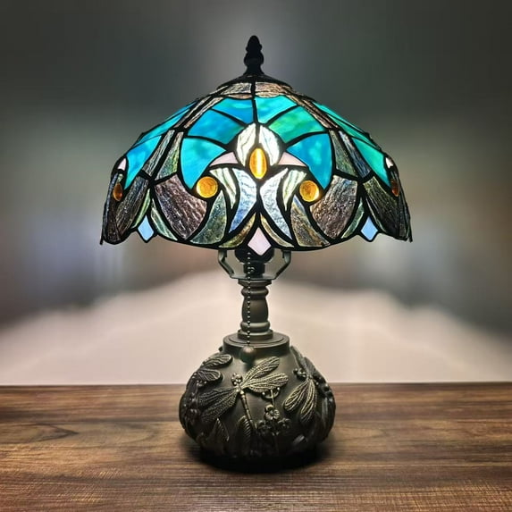 Tiffany Table Lamp Green Brown Stained Glass Liaison Lamp LED Bulb Included Dragonfly Base for Living Room Bedroom Bedside Office Hotel 10'W*14"H