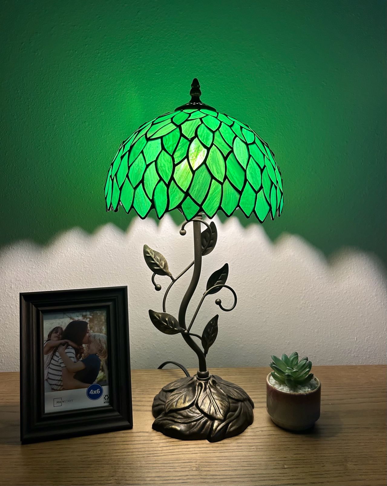 Dejean Green Stained Glass Table Lamp with Bronze Metal Base
