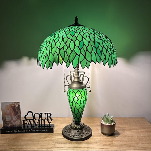 Tiffany Style Table Lamp Green Leaves Stained Glass Shade And Base LED Bulbs Included for Living Room Bedroom Bedside 16"W*16"D*24"H