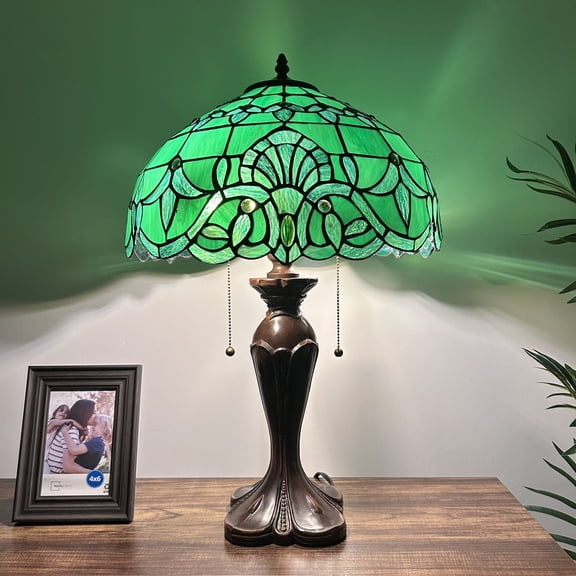 Tiffany Table Lamp Green Stained Glass Baroque Style Lavender LED Bulbs Included for Living Room Bedroom Bedside 16'W*16"D*24"H