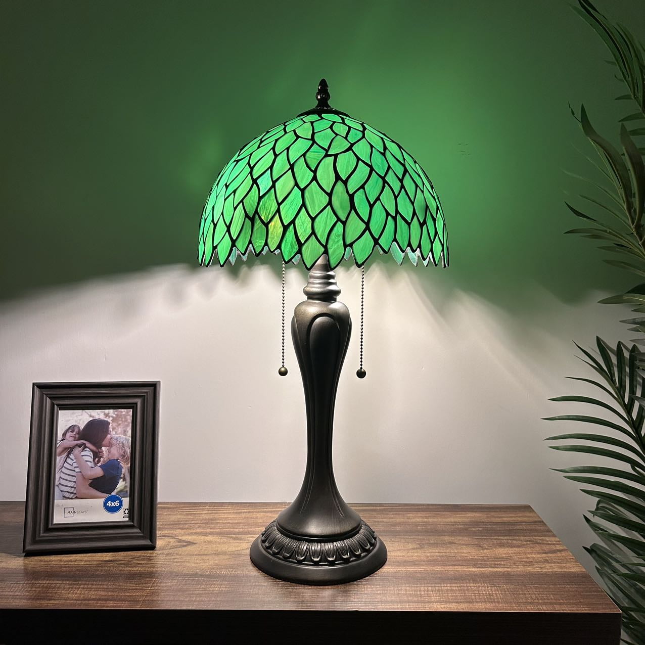 Green Stained Glass and Bronze Table Lamp with LED Bulbs