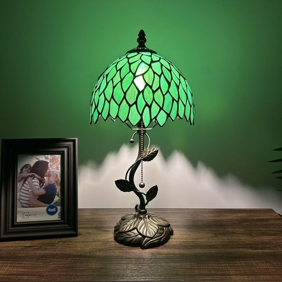 Tiffany Table Lamp Green Stained Glass Green Leaves LED Bulb Includedfor Living Room Bedroom Bedside 8"W*8"D*16"H