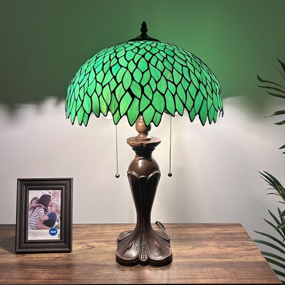 Tiffany Table Lamp Green Stained Glass Leaves LED Bulbs Included Pull Chain Switches For Living Room Bedroom Bedside 16"W*16"D*24"H