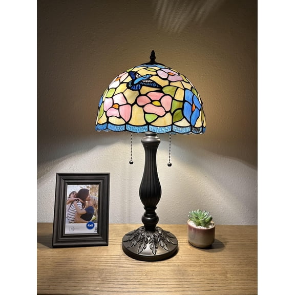 Tiffany Table Lamp Hummingbird Flowers Pink Blue Stained Glass Included LED Bulbs for Living Room Dining Room Bedroom Bedside 12"W*12"D*22"H