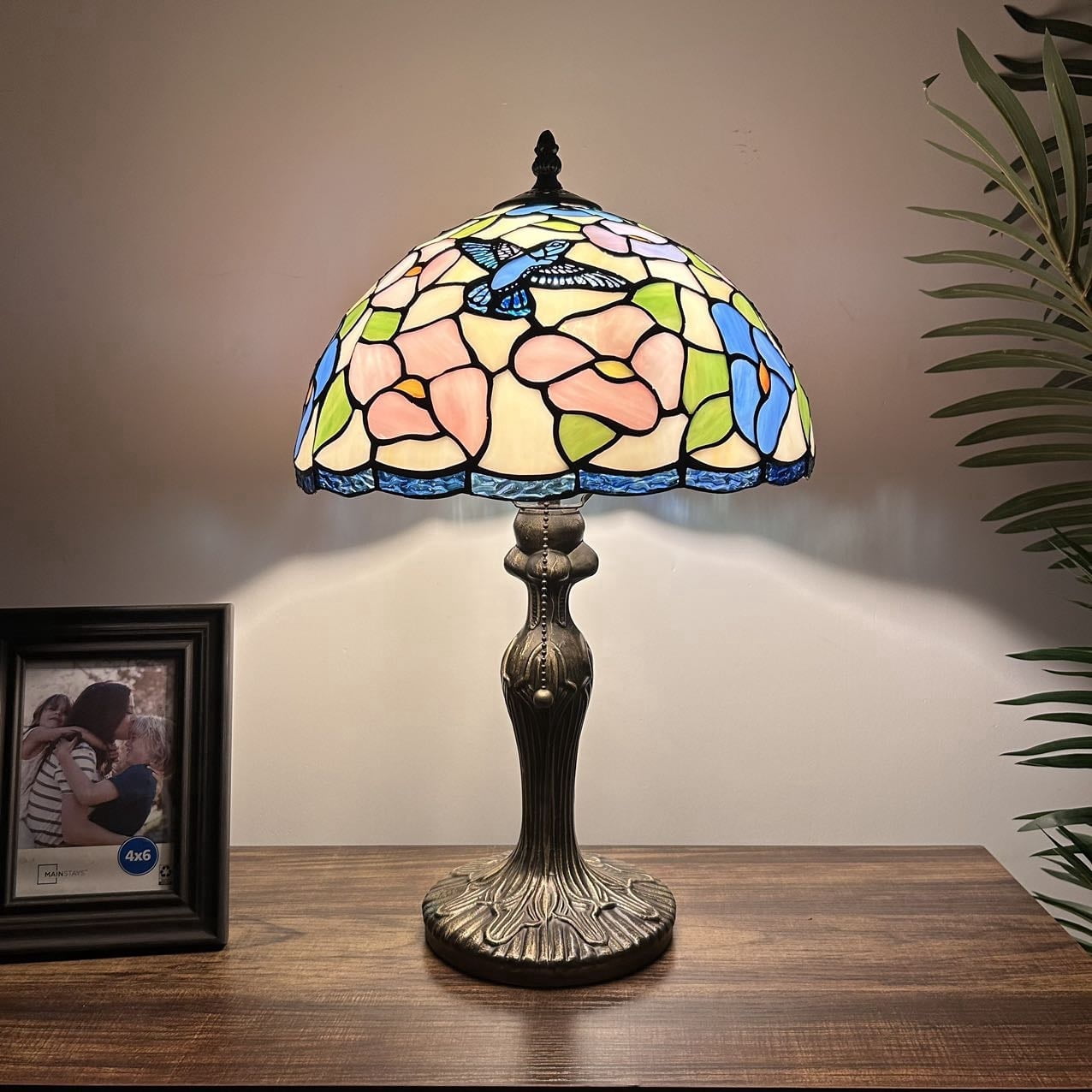 Pink Blue Stained Glass Table Lamp Hummingbird Flowers for Living Room Bedroom Bedside 12"W*12"D*19"H