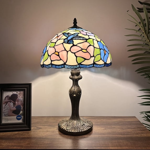 Pink Blue Stained Glass Table Lamp Hummingbird Flowers for Living Room Bedroom Bedside 12"W*12"D*19"H