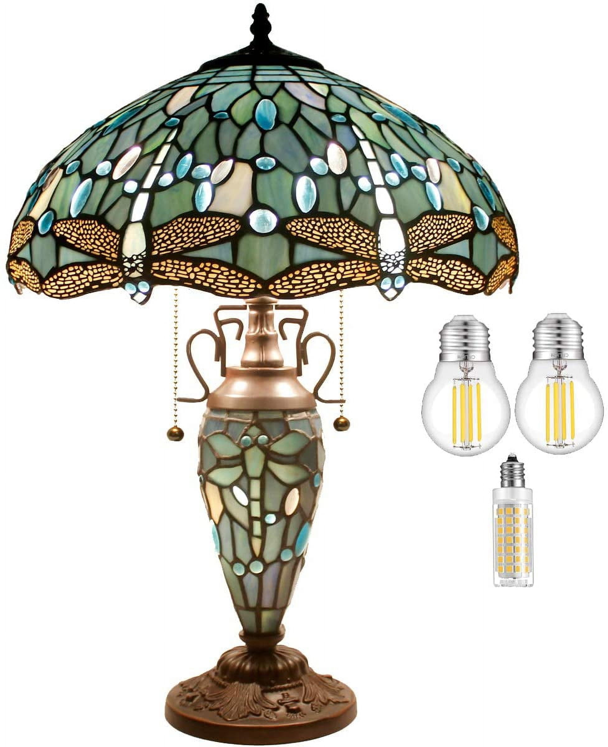 Tiffany Table Lamp with Nightlight Rustic Large 24" Tall Sea Blue Stained Glass Dragonfly Style Vintage Base Living Room Bedroom Bedside Nightstand Home Office Family WERFACTORY Led Bulb Included