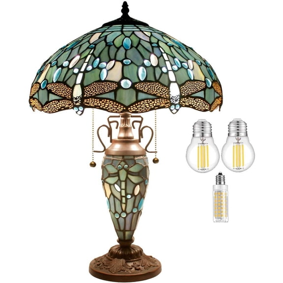 Tiffany Table Lamp with Nightlight Rustic Large 24" Tall Sea Blue Stained Glass Dragonfly Style Vintage Base Living Room Bedroom Bedside Nightstand Home Office Family WERFACTORY Led Bulb Included