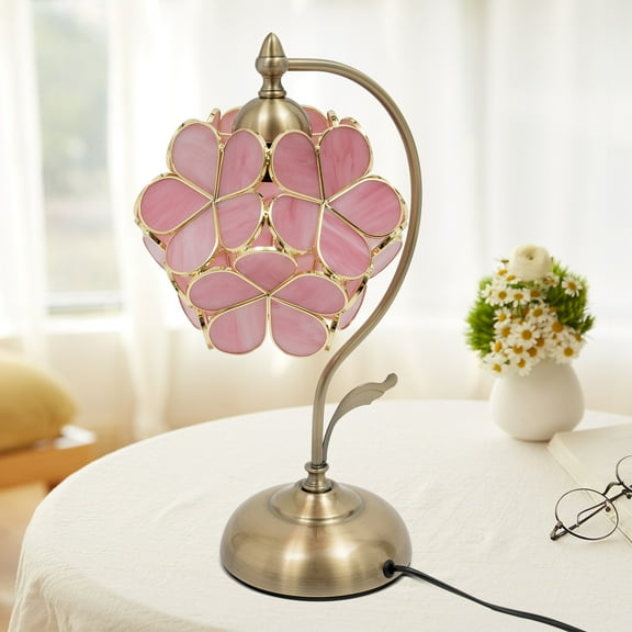 Tiffany Table Lamp Pink Floral Stained Glass Desk Light, Bronze Base with E26 Socket, Decorative Bedroom Living Room Lamp