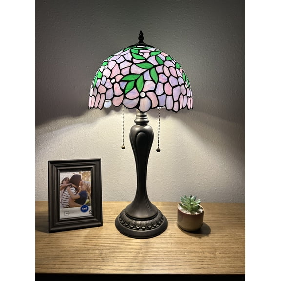 Tiffany Table Lamp Purple Stained Glass Green Leaves LED Bulbs Included for Living Room Dining Room Bedroom Bedside 12"W*12"D*22"H