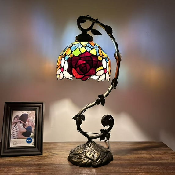 Tiffany Table Lamp Red Orange Blue Stained Glass Rose Flowers Iron Metal Leaves Bronze Base LED Bulb for Living Room Dining Room Bedroom Bedside Office Hotel 21"H