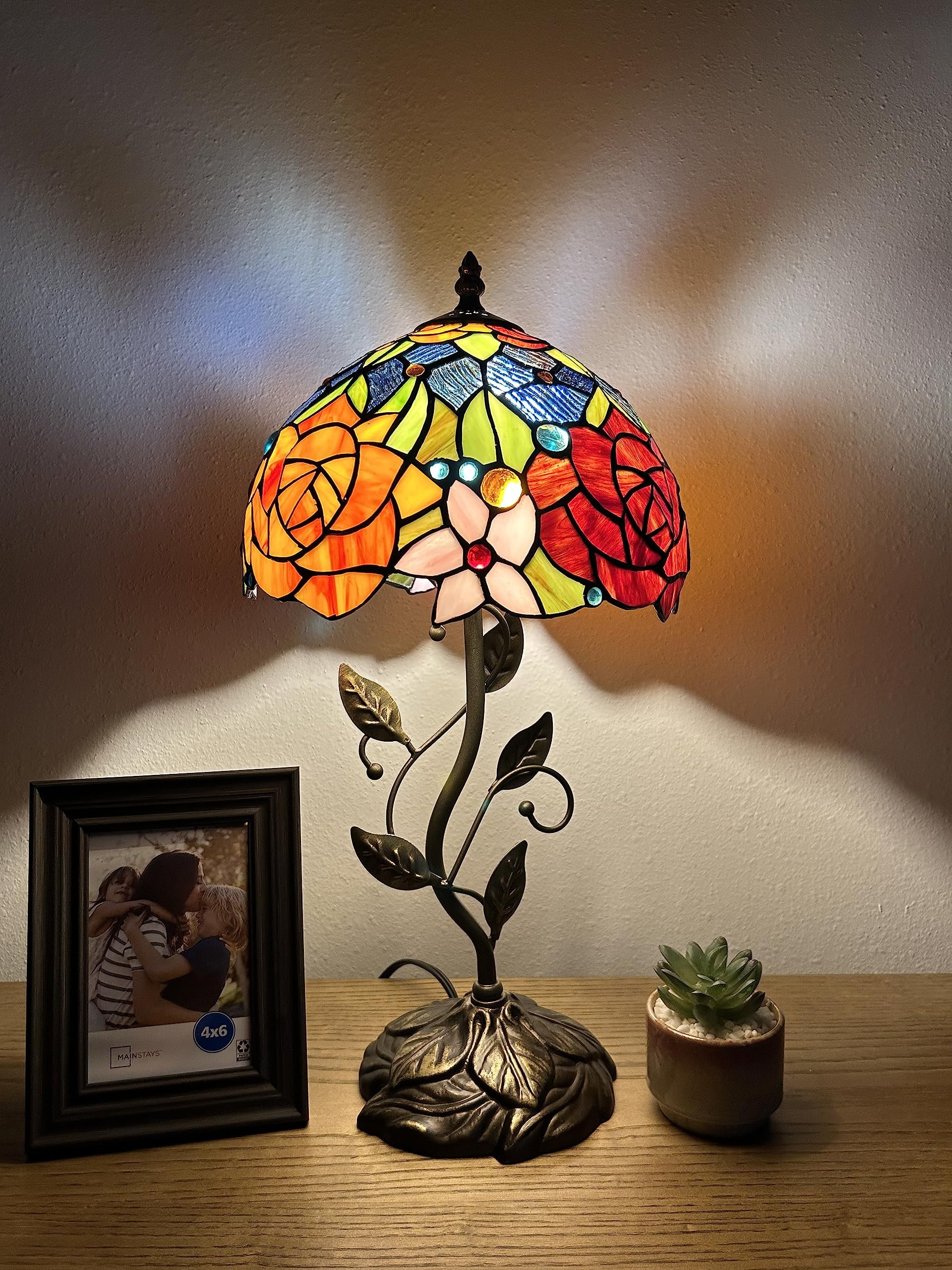 Tiffany Table Lamp Red Orange Blue Stained Glass Rose Flowers LED Bulb Included Iron Metal Leaves Bronze Base for Living Room Dining Room Bedroom Bedside 20"H*10"W